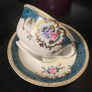 Vintage Japanese Teacup & Saucer- Blue with Pink & Purple Flowers and Gold Trim